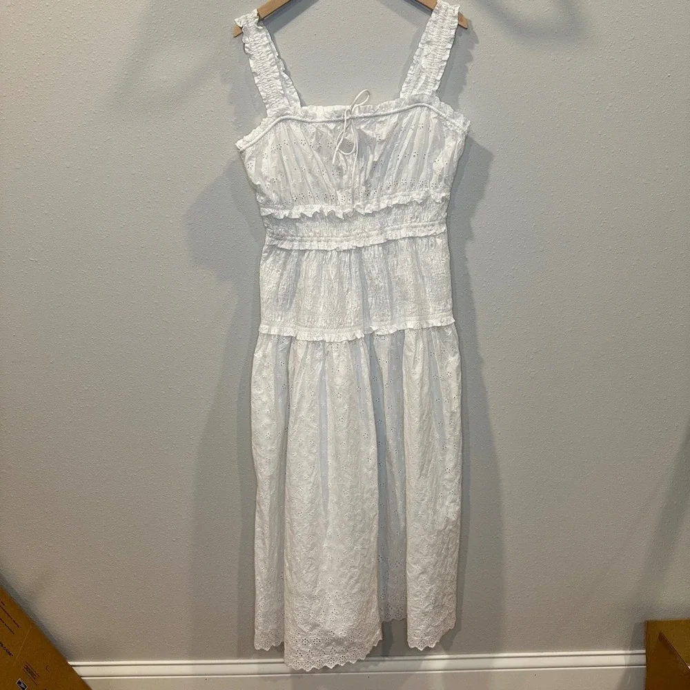 NWT GAP x DOEN Eyelet Midi Dress Women Large White Smocked Tiered Cottagecore - Picture 3 of 16